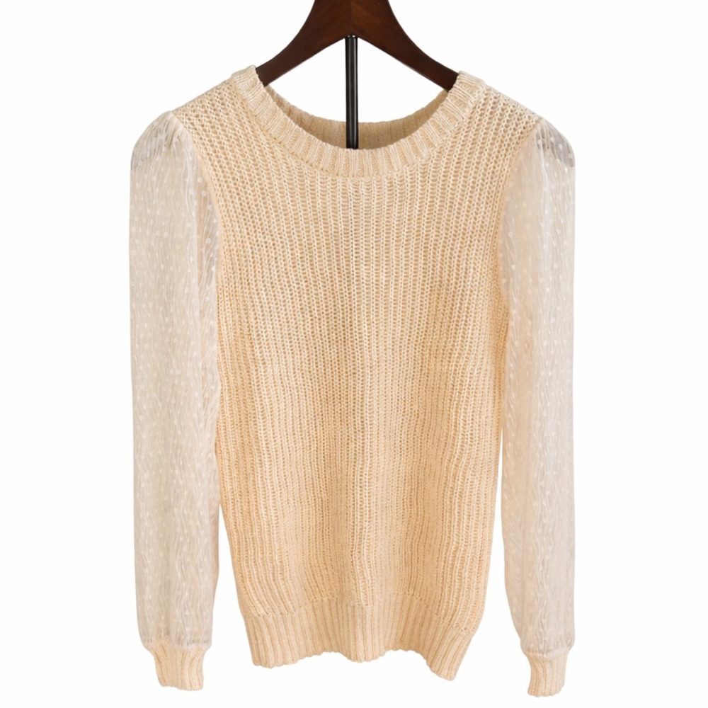 Blu Pepper Cream Knit Sweater Sheer Puff Sleeve Romantic Cottagecore Top | Small